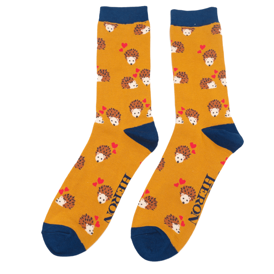 lusciousscarves Men's Bamboo Socks, Mr Heron, Hedgehogs and Hearts Design, Mustard