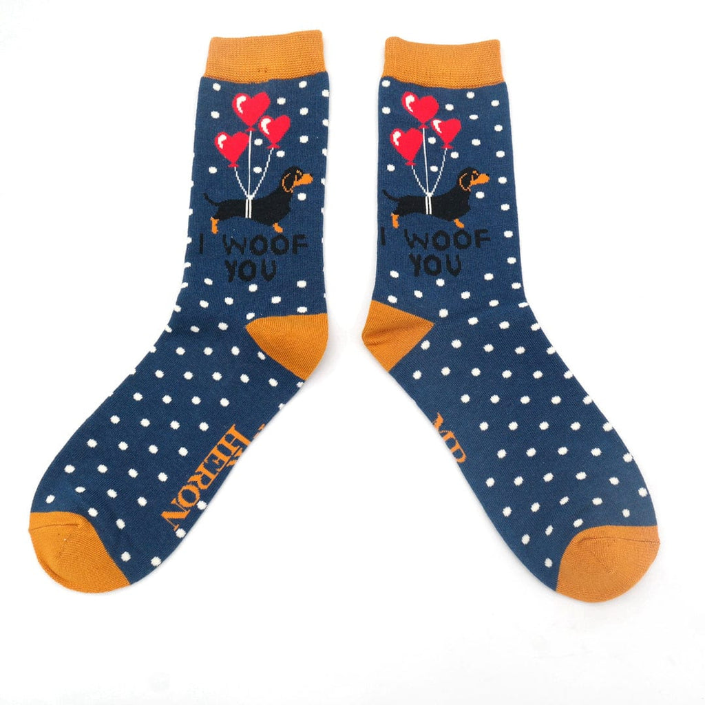 lusciousscarves Men's Bamboo Socks, Mr Heron , I Woof You Design , Blue