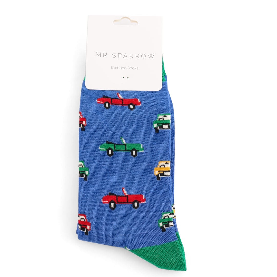 lusciousscarves Men's Bamboo Socks , Mr Sparrow Classic Cars , Blue
