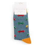 Load image into Gallery viewer, lusciousscarves Men&#39;s Bamboo Socks , Mr Sparrow Classic Cars , Dusky Blue
