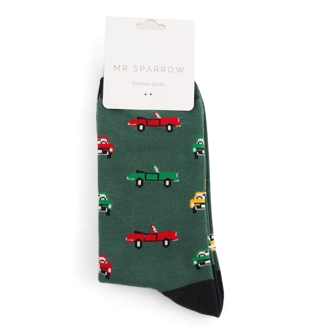lusciousscarves Men's Bamboo Socks , Mr Sparrow Classic Cars , Green