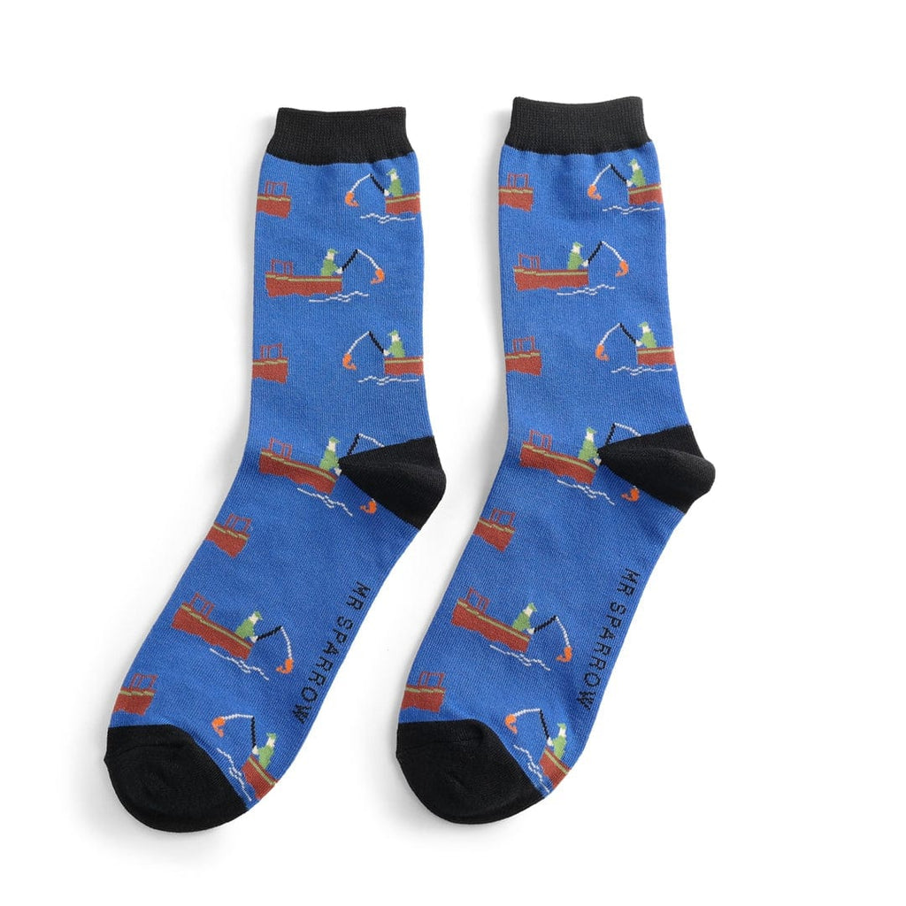 lusciousscarves Men's Bamboo Socks , Mr Sparrow Gone Fishing Design , Blue