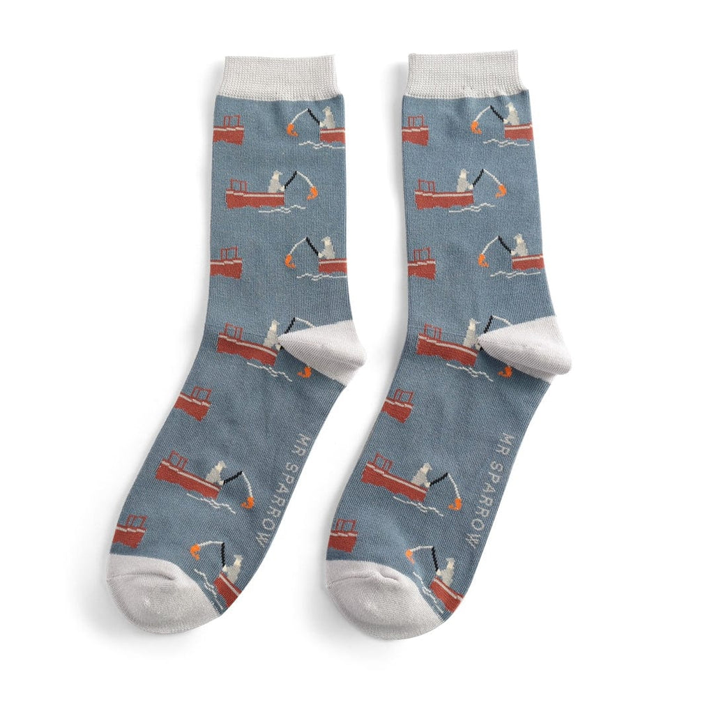 lusciousscarves Men's Bamboo Socks , Mr Sparrow Gone Fishing Design , Denim Blue