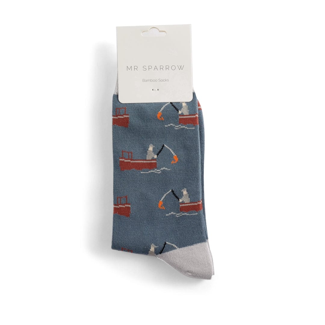 lusciousscarves Men's Bamboo Socks , Mr Sparrow Gone Fishing Design , Denim Blue