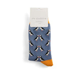 Load image into Gallery viewer, lusciousscarves Men&#39;s Bamboo Socks , Mr Sparrow Kissing Puffins , Denim Blue
