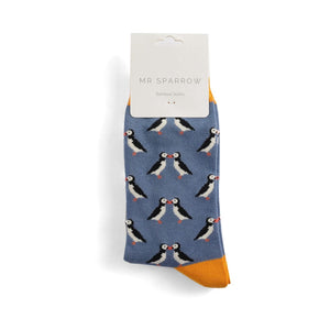lusciousscarves Men's Bamboo Socks , Mr Sparrow Kissing Puffins , Denim Blue