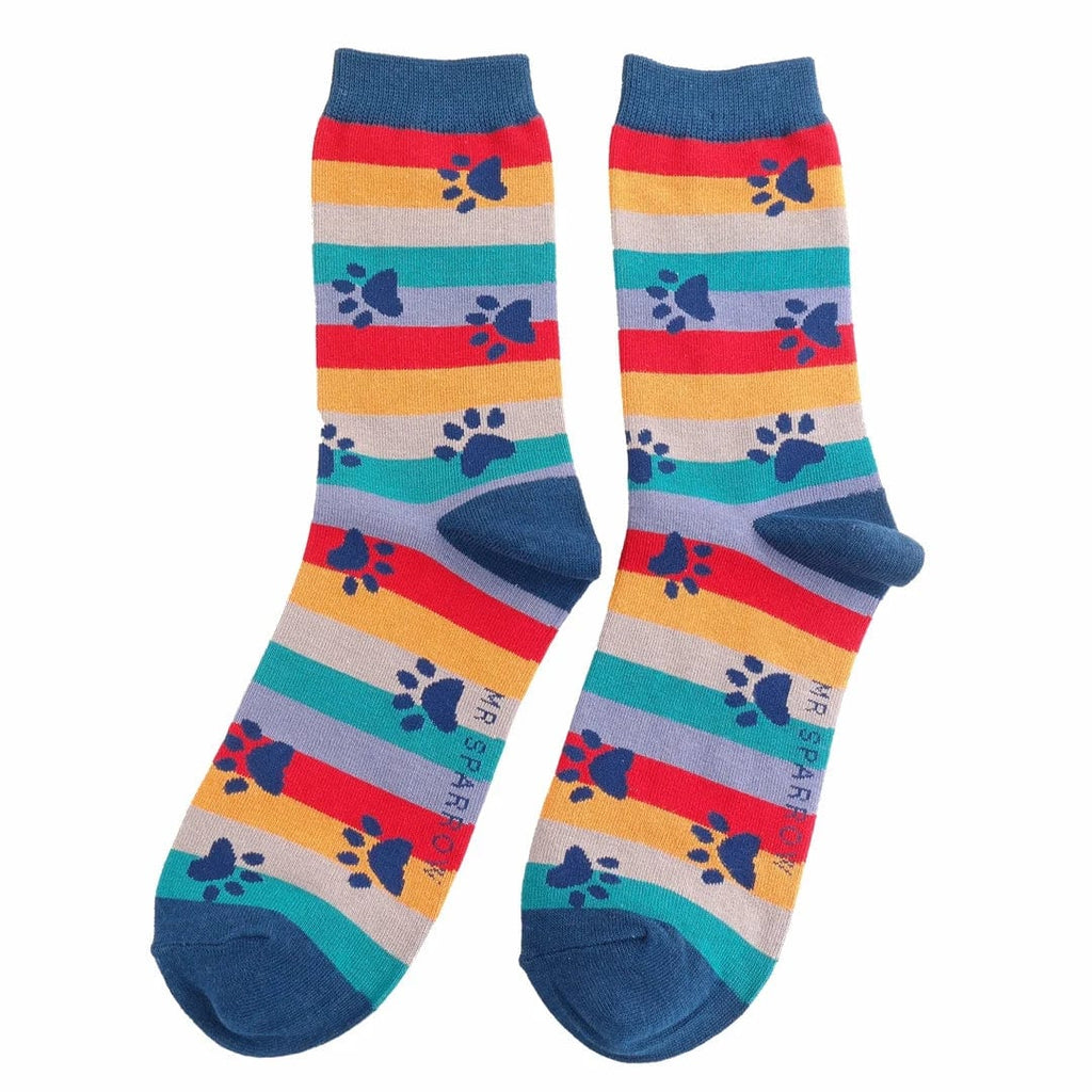 lusciousscarves Men's Bamboo Socks , Mr Sparrow Paw Prints and Stripes  , Navy