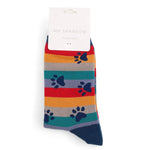 Load image into Gallery viewer, lusciousscarves Men&#39;s Bamboo Socks , Mr Sparrow Paw Prints and Stripes  , Navy
