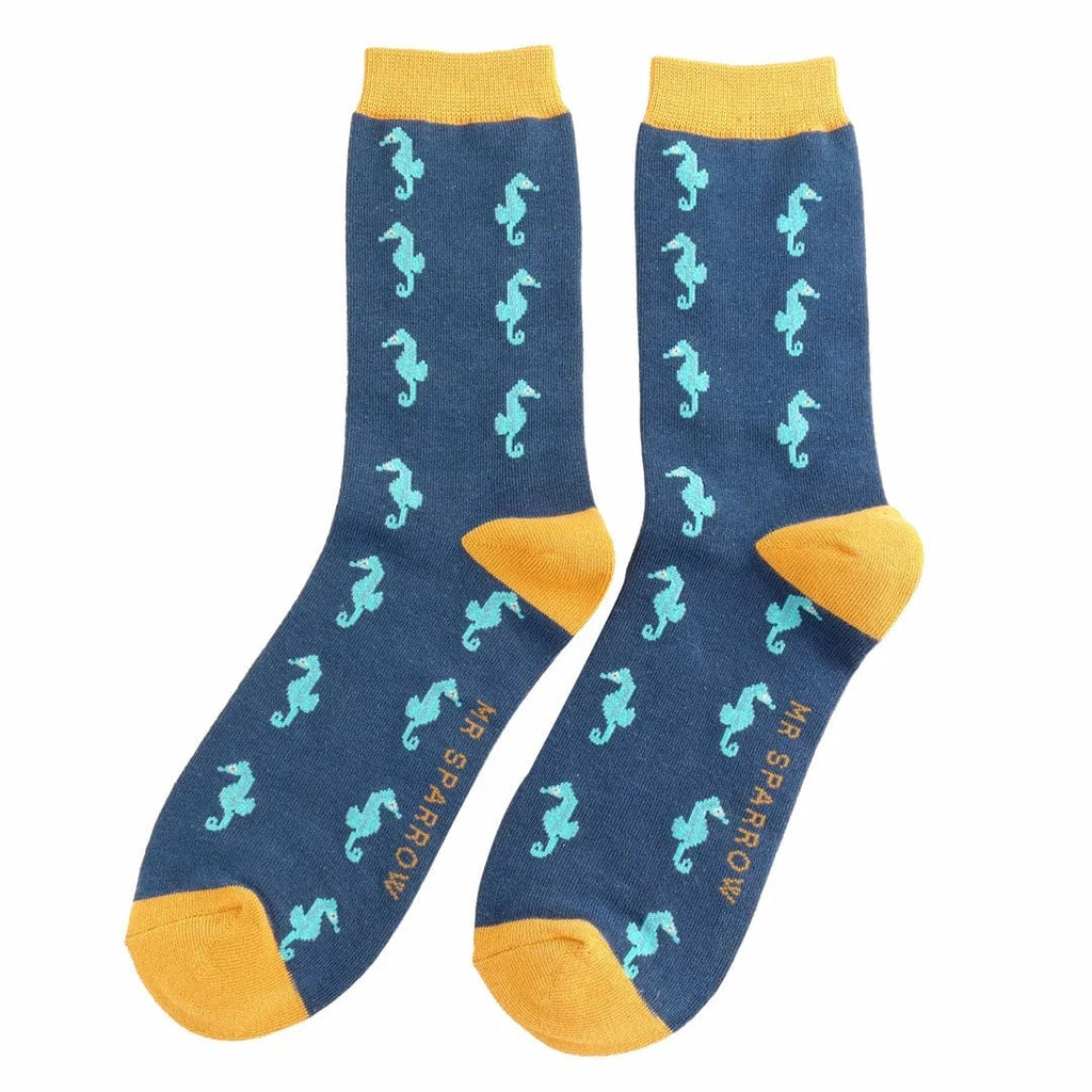 lusciousscarves Men's Bamboo Socks , Mr Sparrow Seahorses , Navy