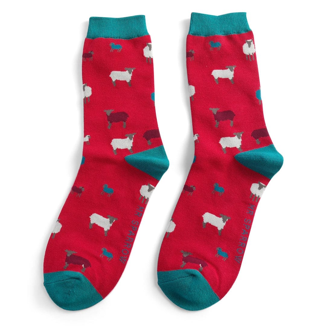 lusciousscarves Men's Bamboo Socks , Mr Sparrow Sheep Family , Red