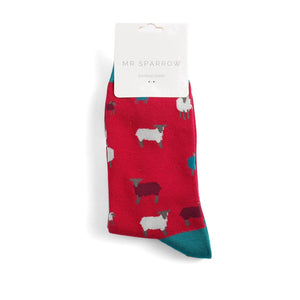 lusciousscarves Men's Bamboo Socks , Mr Sparrow Sheep Family , Red