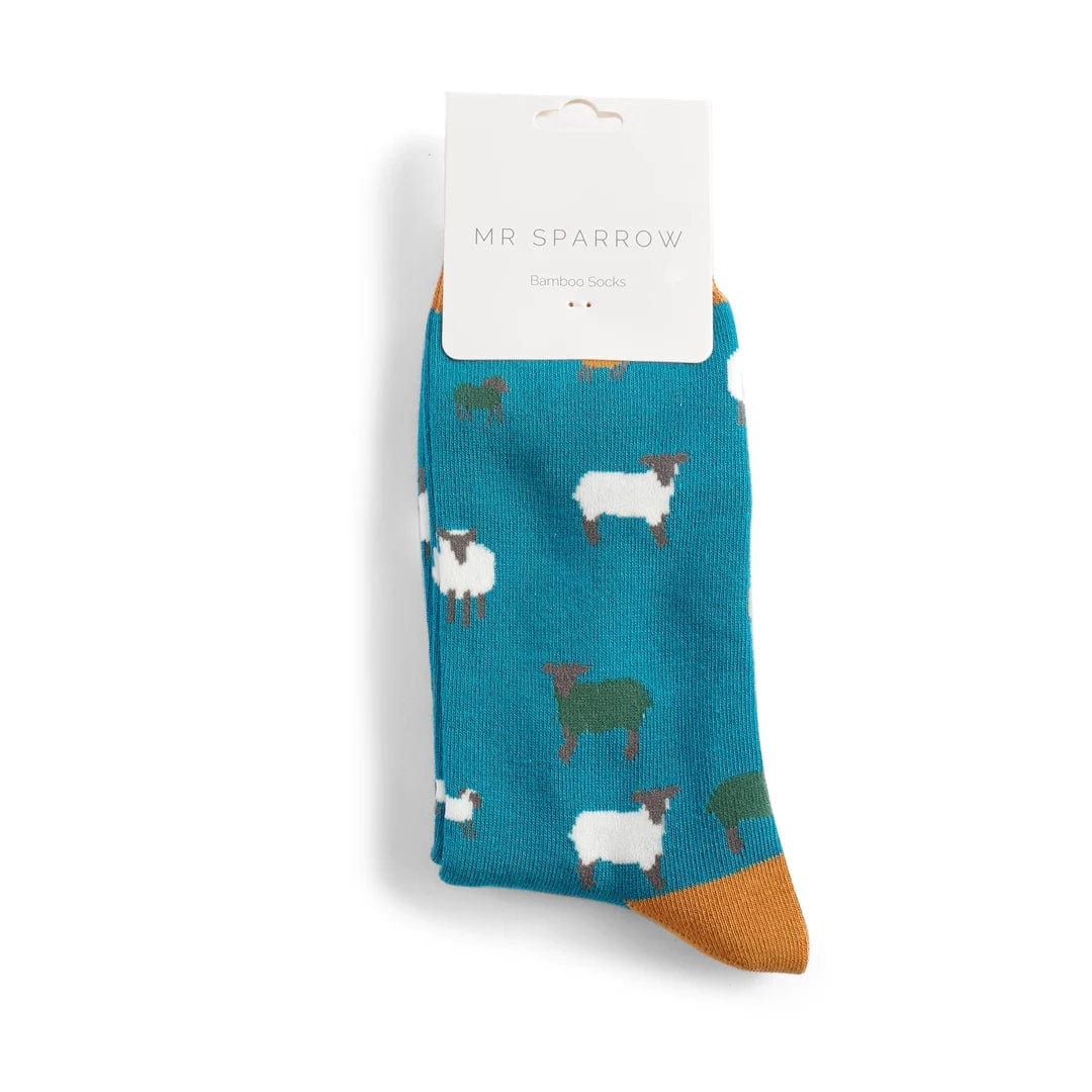 lusciousscarves Men's Bamboo Socks , Mr Sparrow Sheep Family , Teal