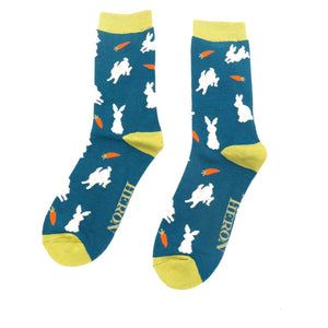 lusciousscarves Men's Bunny Rabbits and Carrots Bamboo Socks, Mr Heron ,Teal Blue