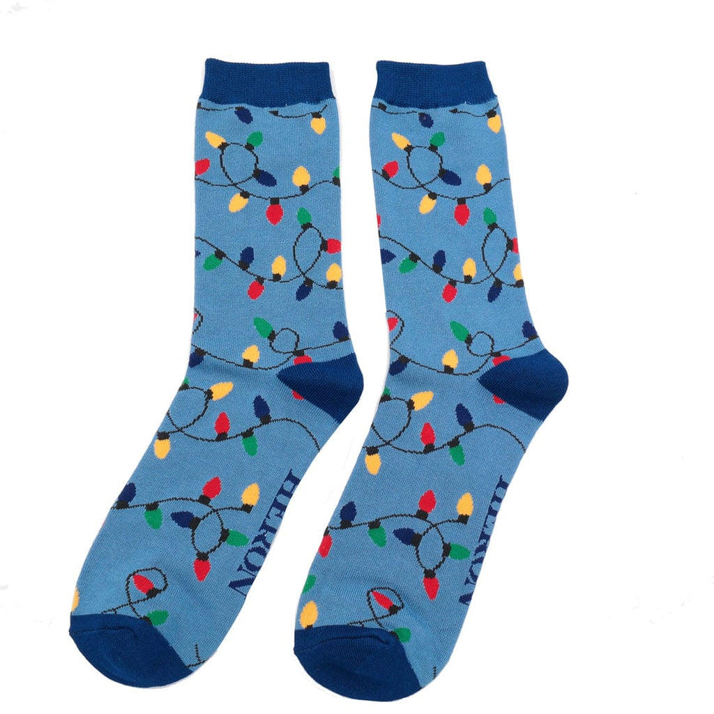 lusciousscarves Men's Christmas Lights Design Bamboo Socks Blue
