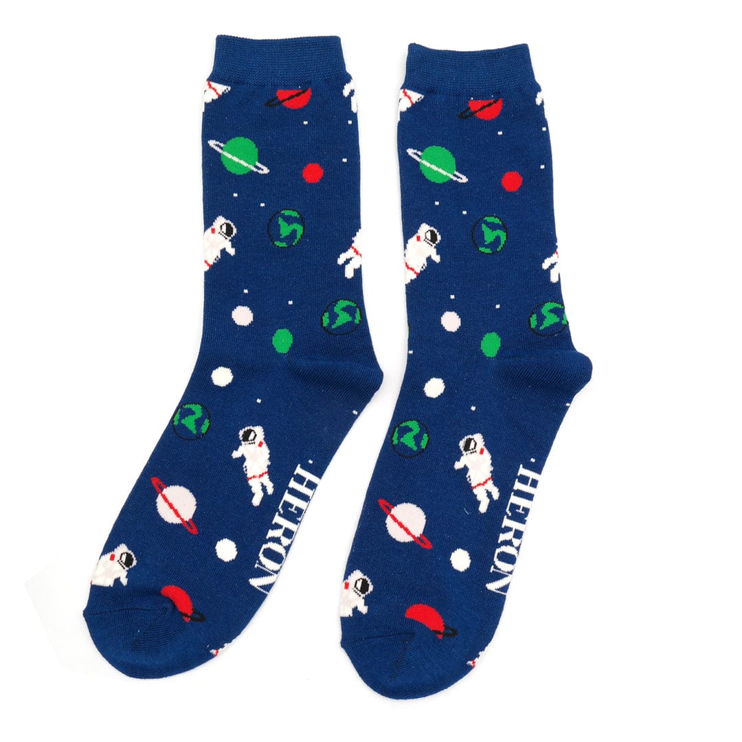 lusciousscarves Men's Navy Astronaut and Space Bamboo Socks, Mr Heron