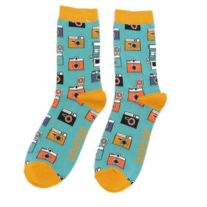lusciousscarves Men's Pale Green Bamboo Socks with Cameras, Mr Heron