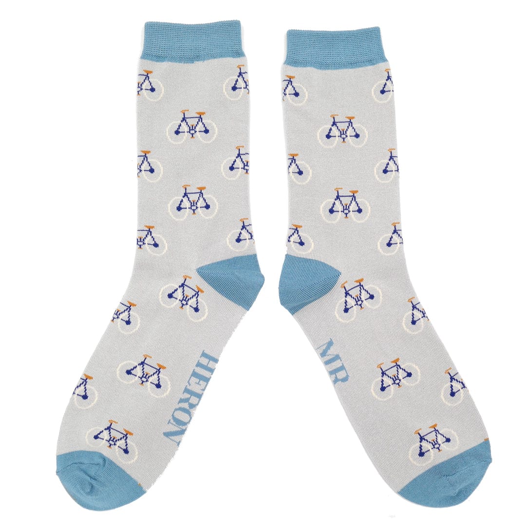 lusciousscarves Men's Pale Grey Bamboo Socks with a Bikes Design, Mr Heron