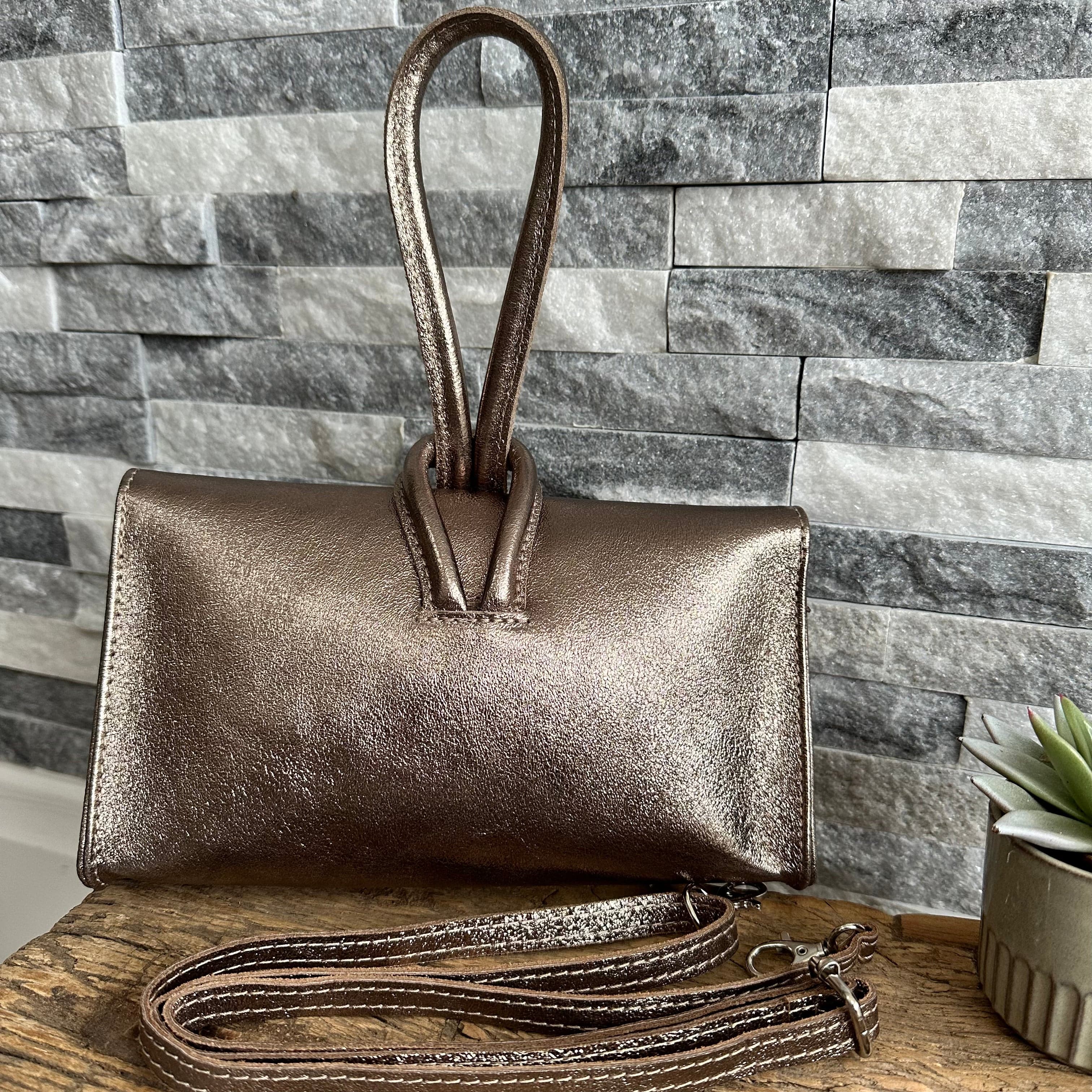 Metallic Bronze Italian Leather Clutch Bag Evening Bag with a