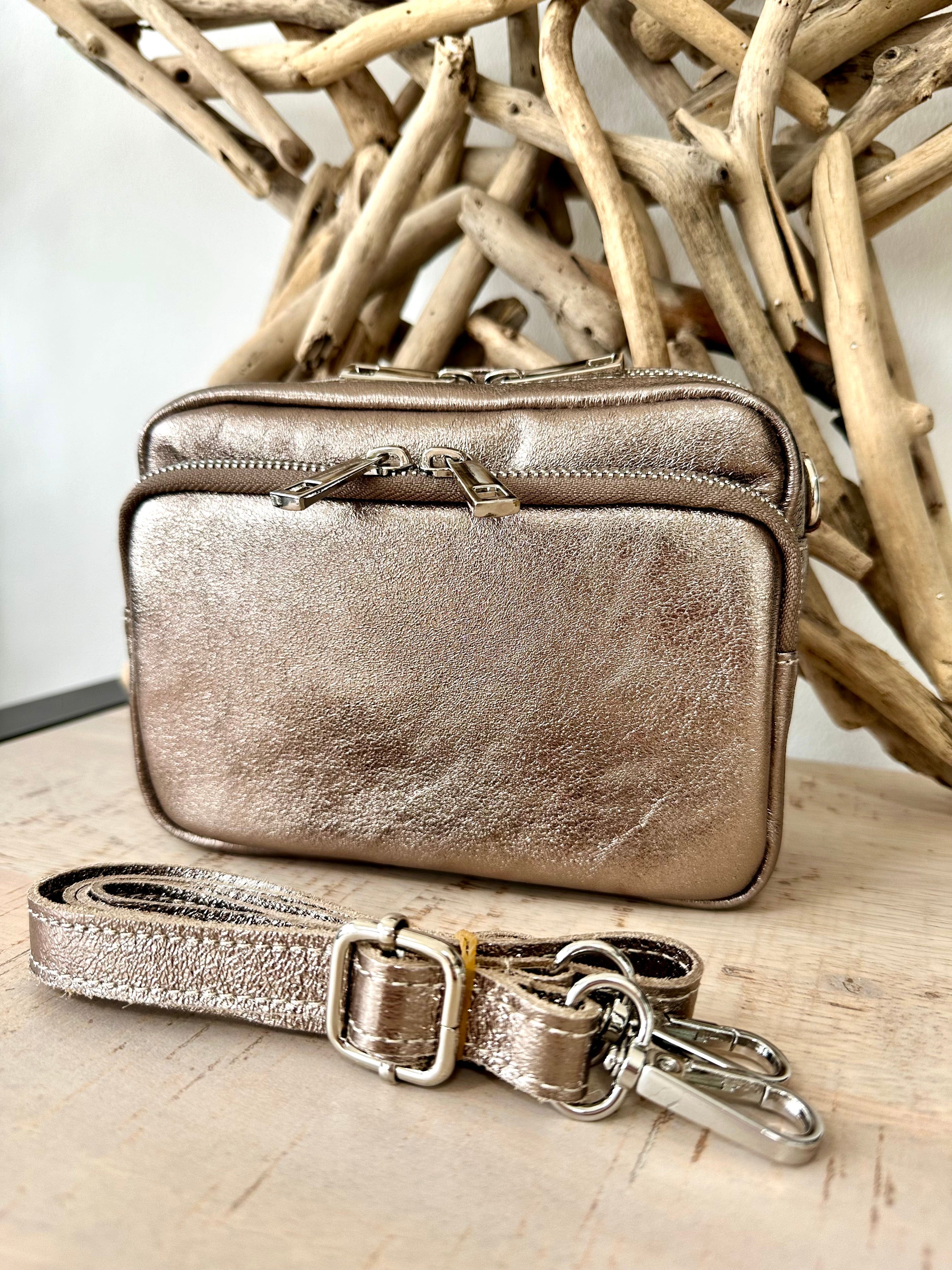 lusciousscarves Metallic Bronze Italian Leather Crossbody Camera Bag with Double Zip , Front Pocket Compartment, 10 Colours available.