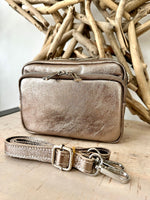 Load image into Gallery viewer, lusciousscarves Metallic Bronze Italian Leather Crossbody Camera Bag with Double Zip , Front Pocket Compartment, 10 Colours available.
