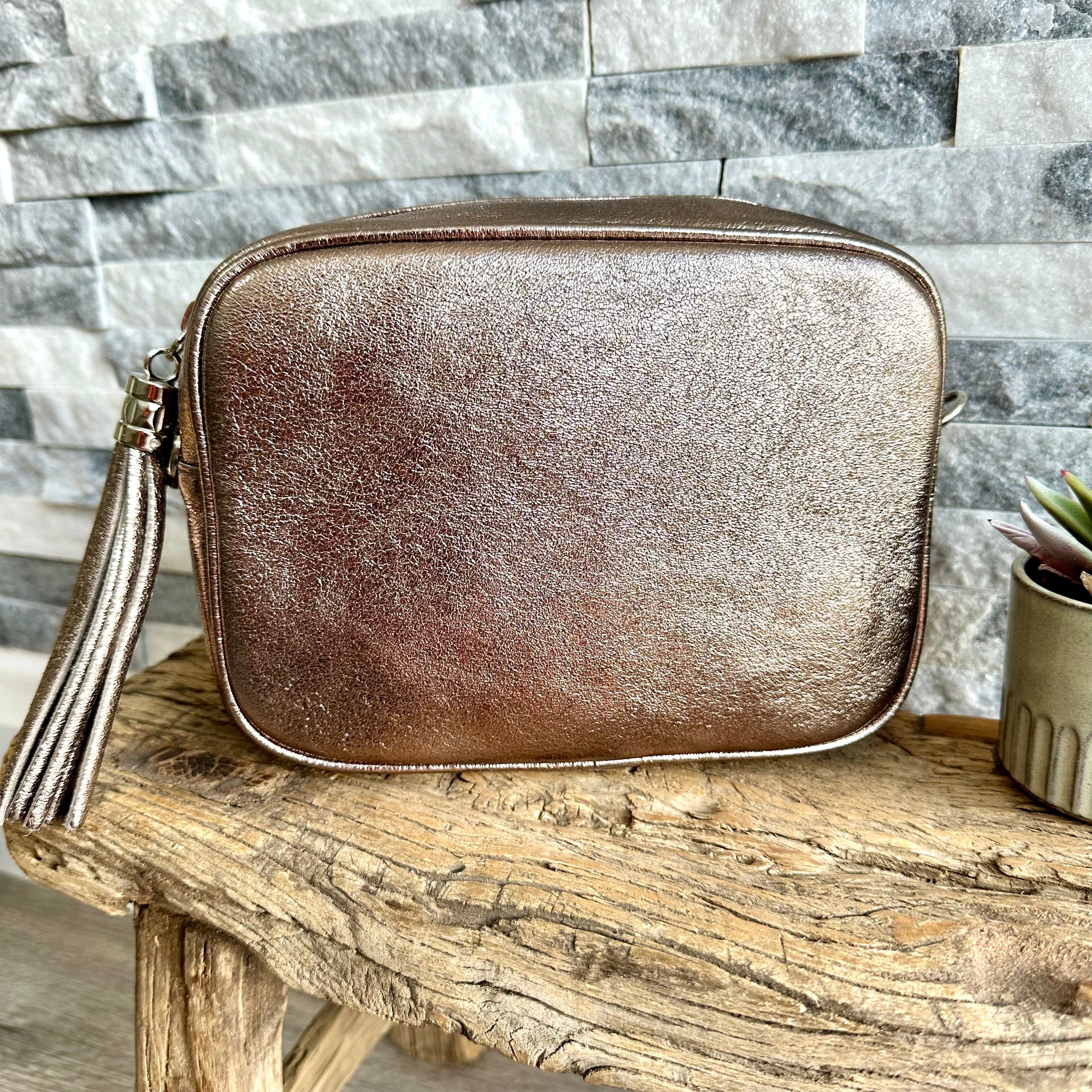 Metallic Bronze Leather Crossbody Camera Bag Handbag luscious scarves