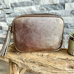 Load image into Gallery viewer, lusciousscarves Metallic Bronze Leather Camera Bag Style Crossbody Bag

