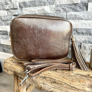 lusciousscarves Metallic Bronze Leather Camera Bag Style Crossbody Bag