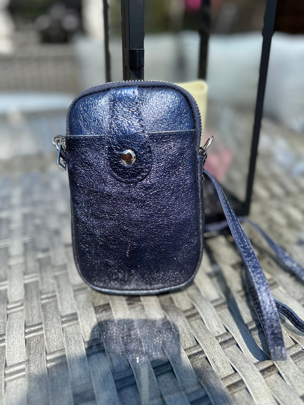 lusciousscarves Metallic Dark Blue Italian Leather Small Crossbody Phone Bag