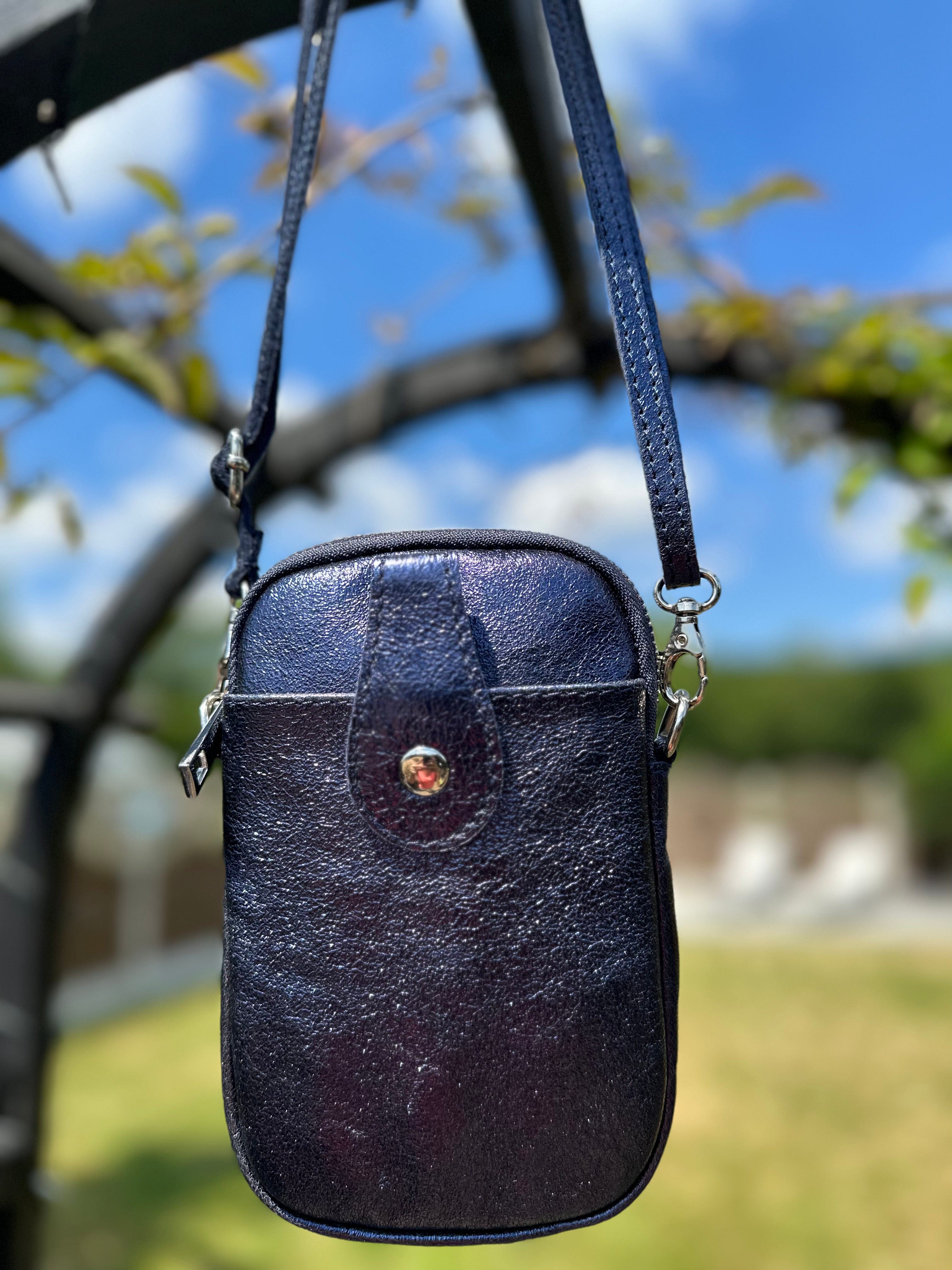 Metallic Dark Blue Italian Leather Small Crossbody Phone Bag