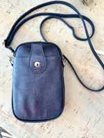Load image into Gallery viewer, lusciousscarves Metallic Dark Blue Italian Leather Small Crossbody Phone Bag
