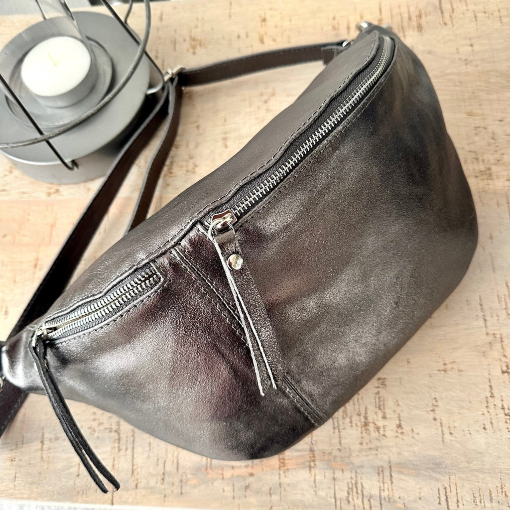 lusciousscarves Metallic Dark Grey Italian Leather Sling Bag / Chest Bag