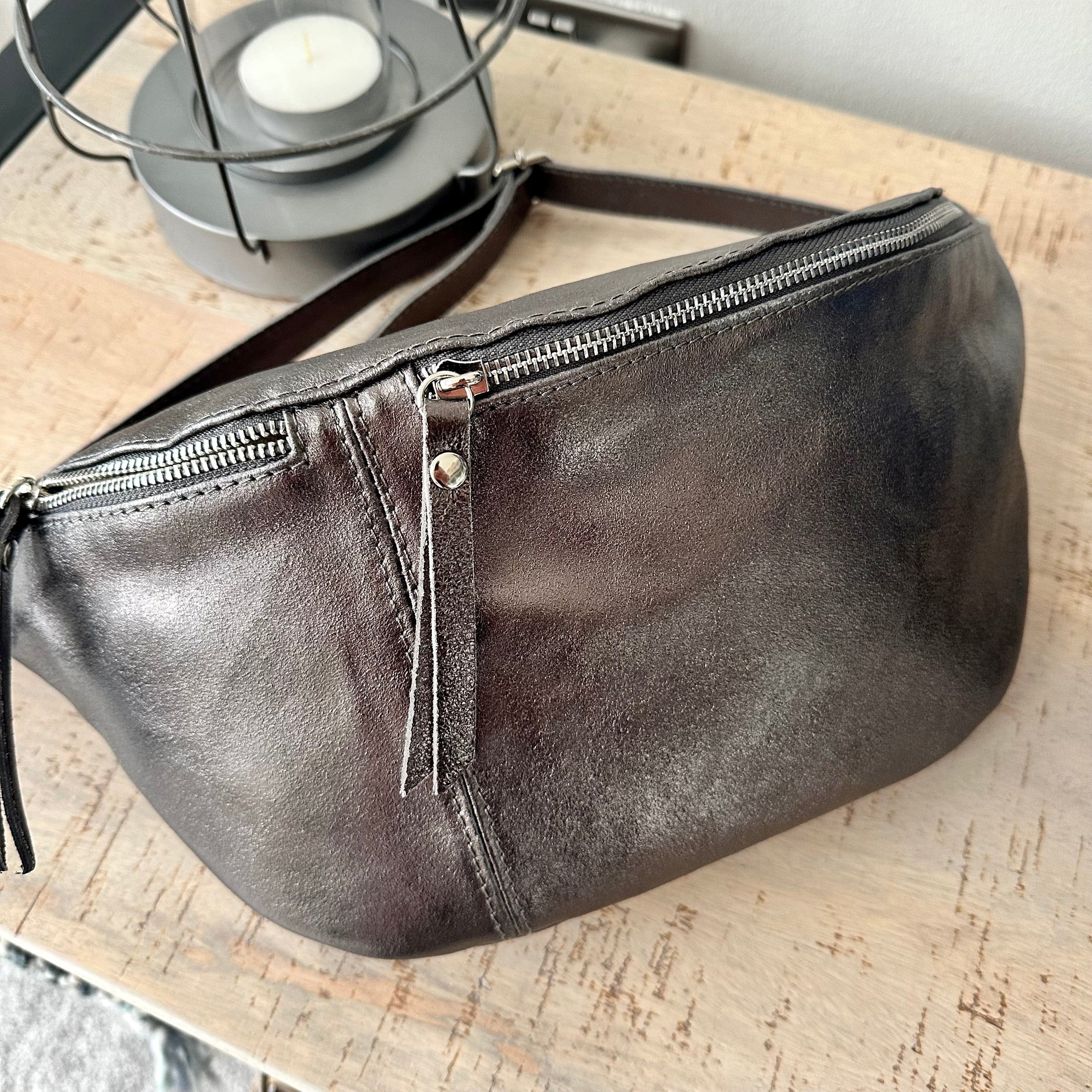 lusciousscarves Metallic Dark Grey Italian Leather Sling Bag / Chest Bag