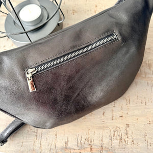 lusciousscarves Metallic Dark Grey Italian Leather Sling Bag / Chest Bag