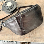 Load image into Gallery viewer, lusciousscarves Metallic Dark Grey Italian Leather Sling Bag / Chest Bag
