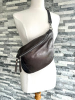 Load image into Gallery viewer, lusciousscarves Metallic Dark Grey Italian Leather Sling Bag / Chest Bag
