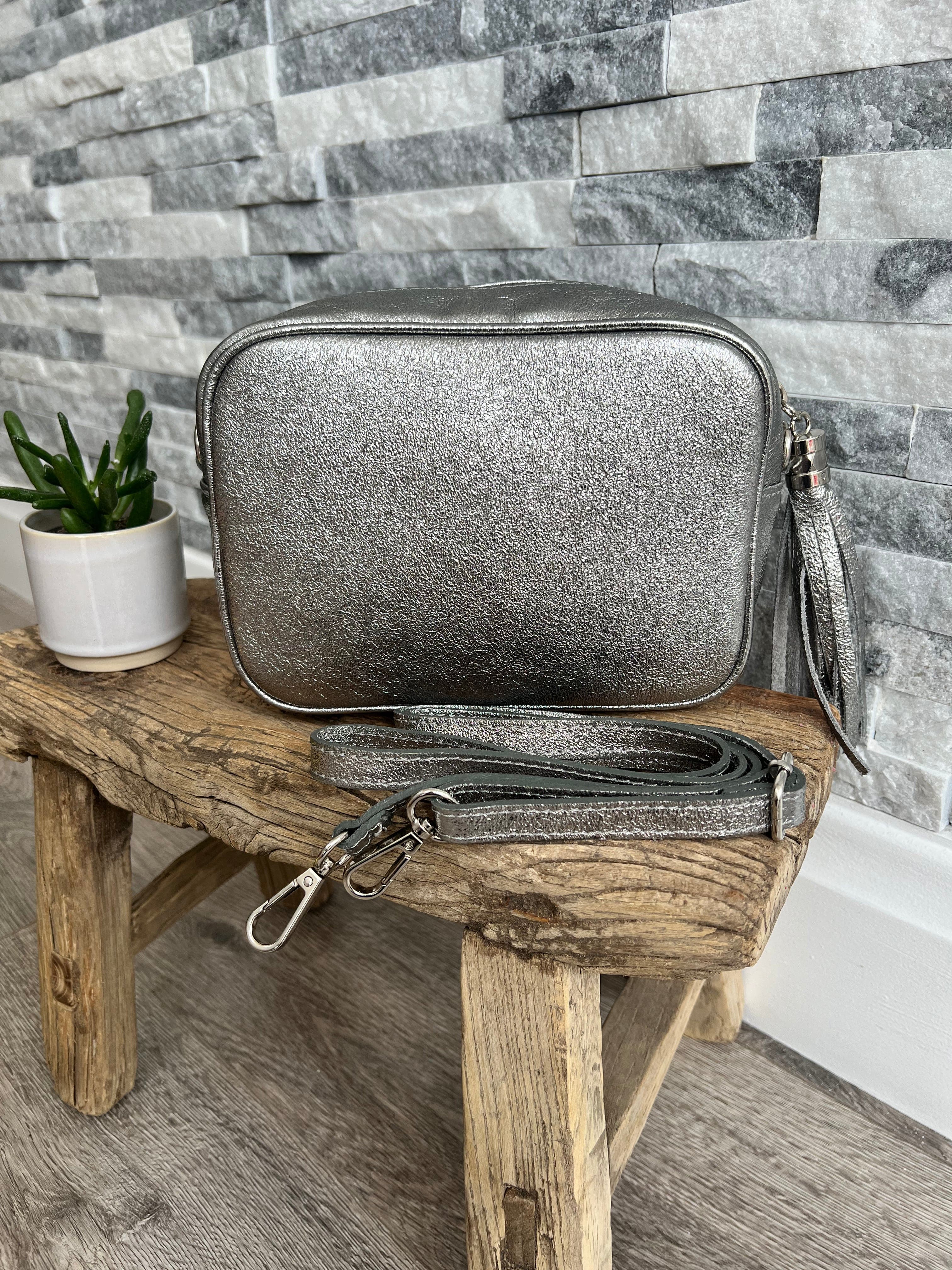 lusciousscarves Metallic Dark Silver Leather Camera Style Bag