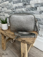 Load image into Gallery viewer, lusciousscarves Metallic Dark Silver Leather Camera Style Bag
