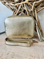 Load image into Gallery viewer, lusciousscarves Metallic Gold Italian Leather Camera Bag Style Crossbody Bag Summer Range
