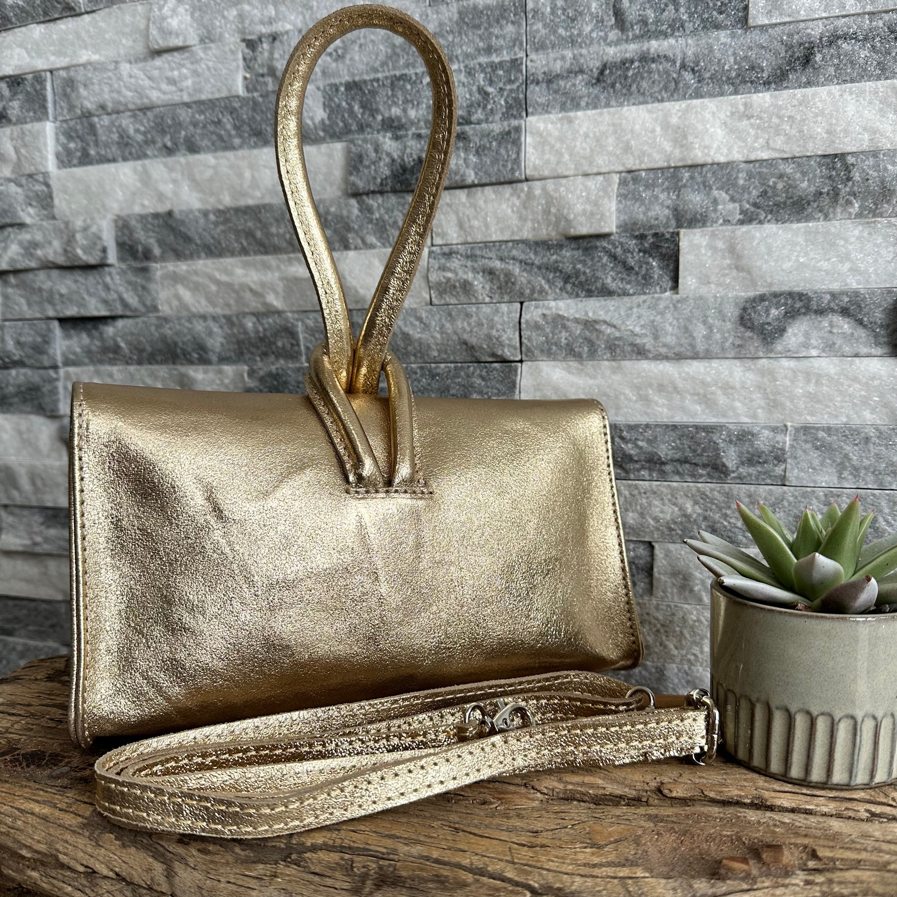 lusciousscarves Metallic Gold Italian Leather Clutch Bag with Loop Handle