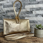 Load image into Gallery viewer, lusciousscarves Metallic Gold Italian Leather Clutch Bag with Loop Handle
