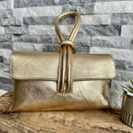 Load image into Gallery viewer, lusciousscarves Metallic Gold Italian Leather Clutch Bag with Loop Handle
