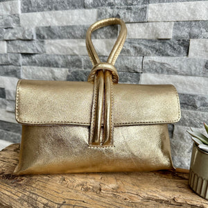 Metallic Gold Italian Leather Clutch Bag Evening Bag with a Loop Han luscious scarves