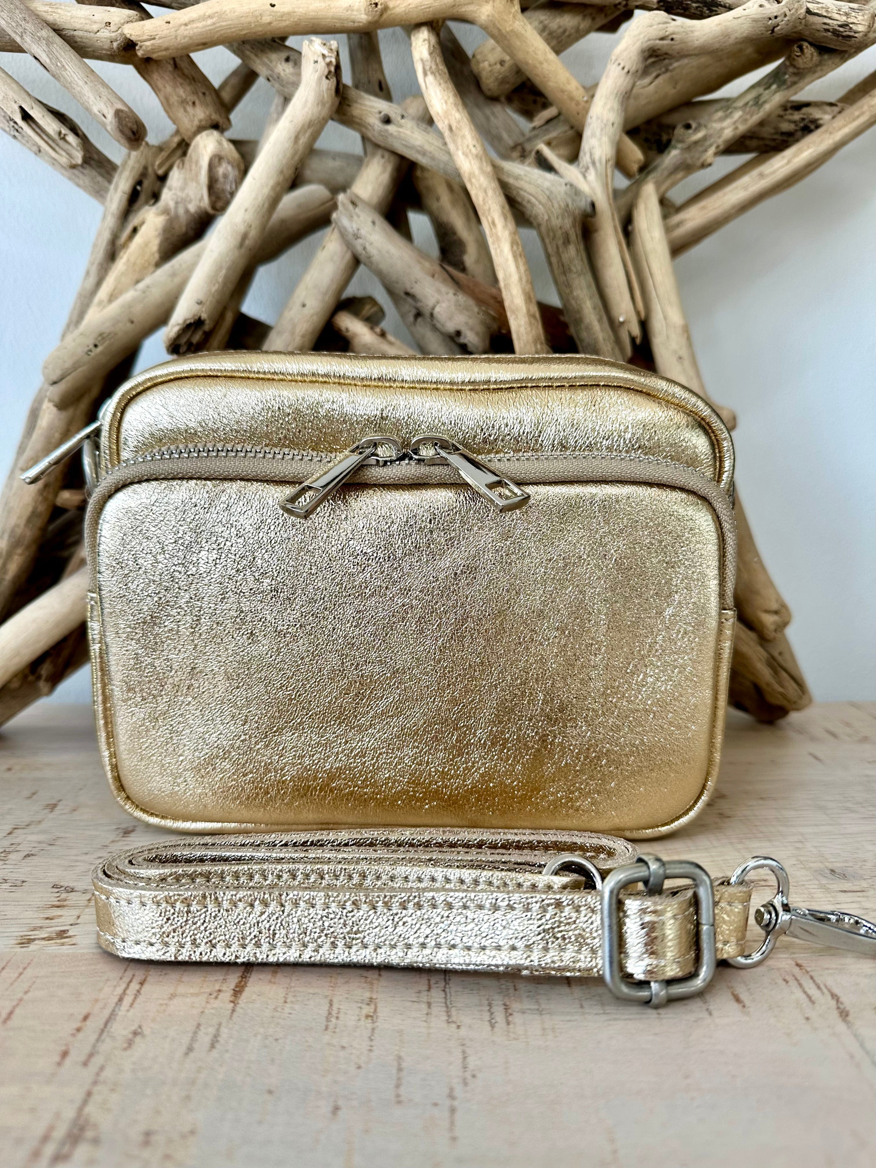lusciousscarves Metallic Gold Italian Leather Crossbody Camera Bag with Double Zip , Front Pocket Compartment, 10 Colours available.