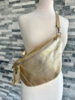 Load image into Gallery viewer, lusciousscarves Metallic Gold Italian Leather Sling Bag / Chest Bag

