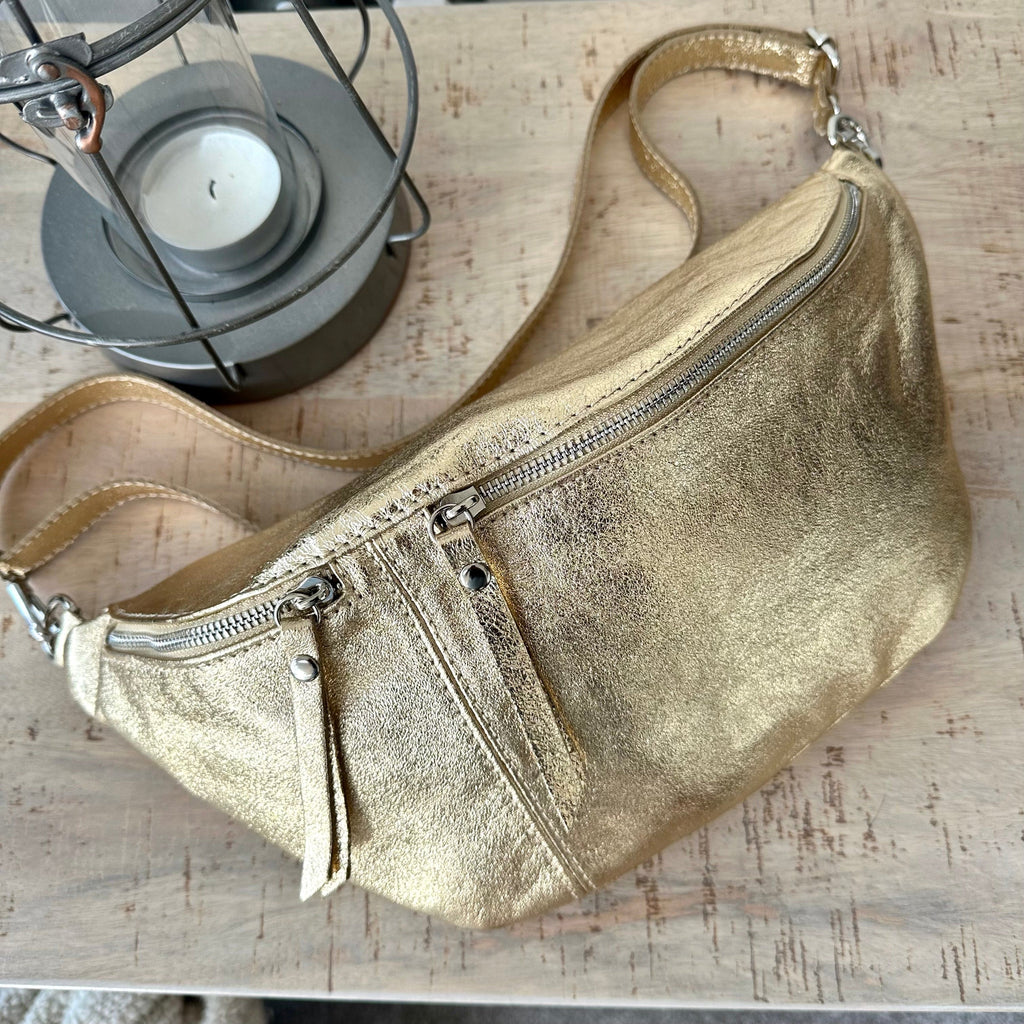 lusciousscarves Metallic Gold Italian Leather Sling Bag / Chest Bag