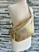 Load image into Gallery viewer, lusciousscarves Metallic Gold Italian Leather Sling Bag / Chest Bag
