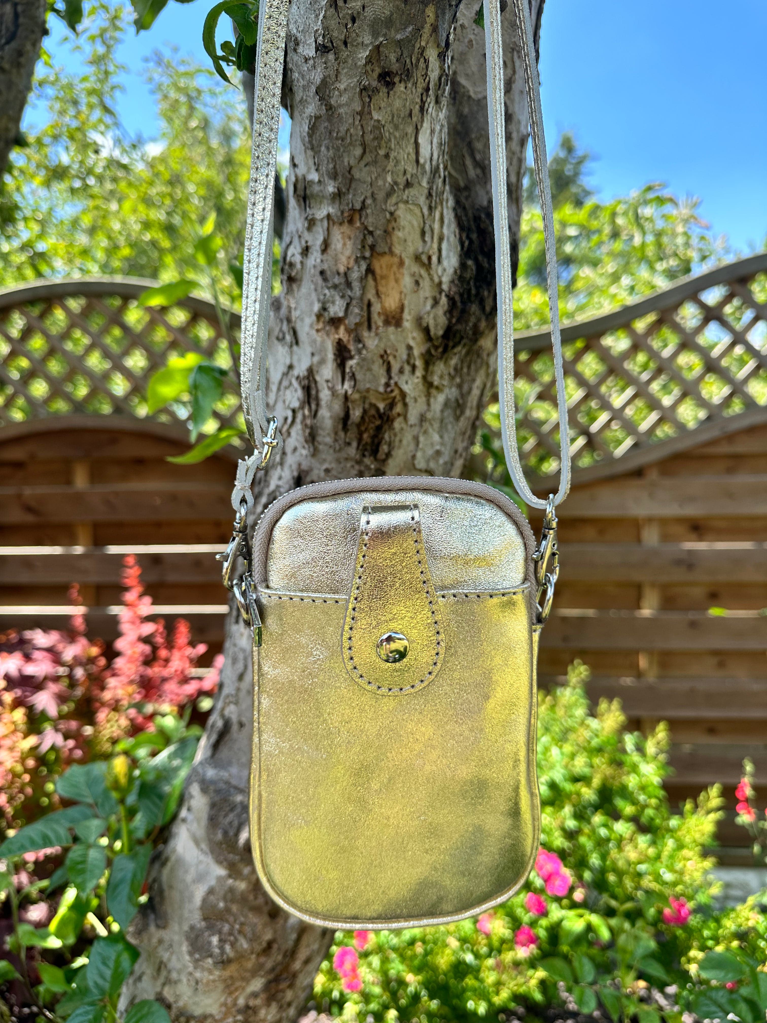 lusciousscarves Metallic Gold Italian Leather Small Crossbody Phone Bag