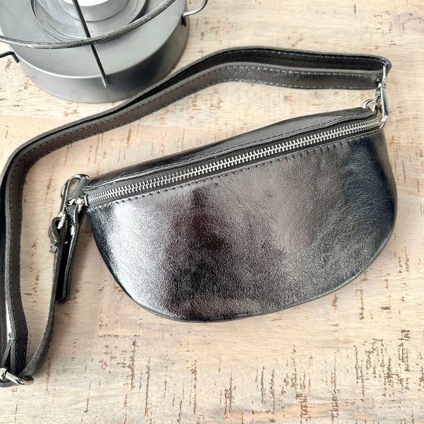 Metallic Gunmetal Grey Italian Leather Bum bag Chest Bag