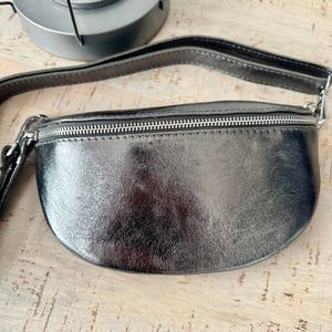 lusciousscarves Metallic Gunmetal Grey Italian Leather Bum bag / Chest Bag