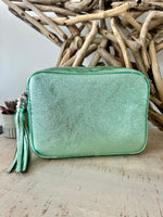 Load image into Gallery viewer, lusciousscarves Metallic Mint Green Italian Leather Camera Bag Style Crossbody Bag
